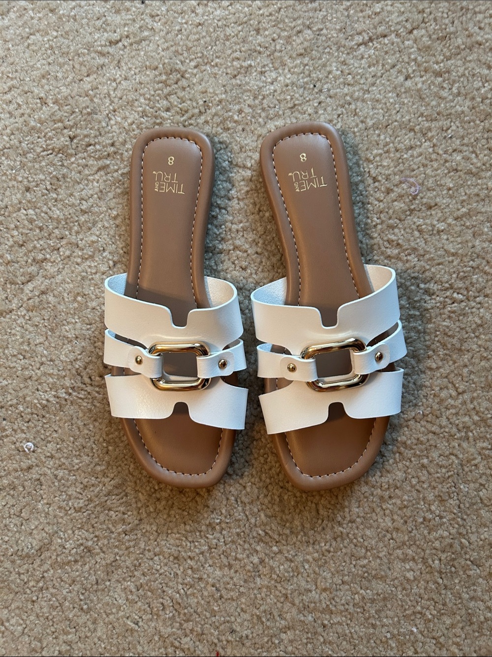 Time and Tru White Slide Sandals with Gold Accent